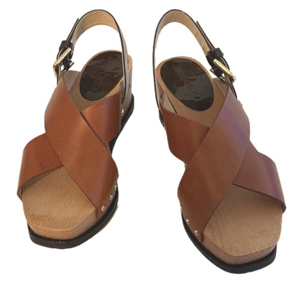 Jimmy Choo 2-Tone Brown Leather, Wood & Patent Leather Wedge Stud Sandals Size 5 main image 1